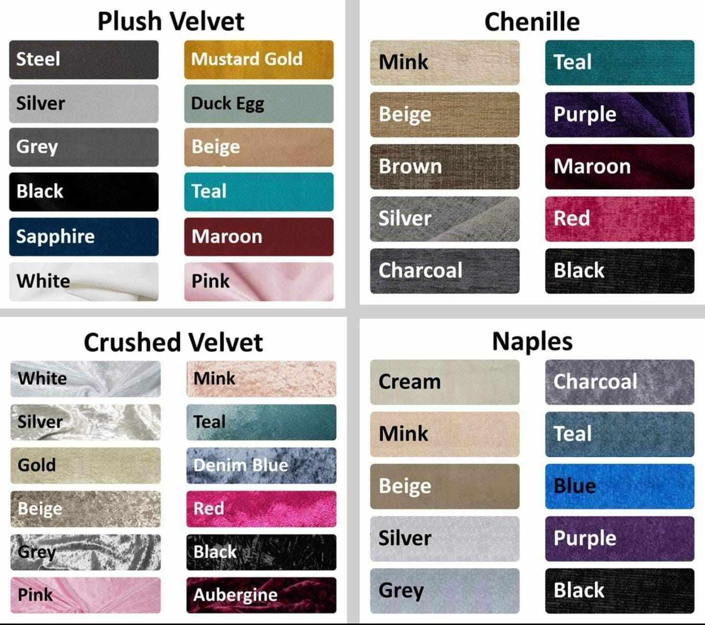 Fabric color swatches for Plush Velvet, Chenille, Crushed Velvet, and Naples textures with multiple color options