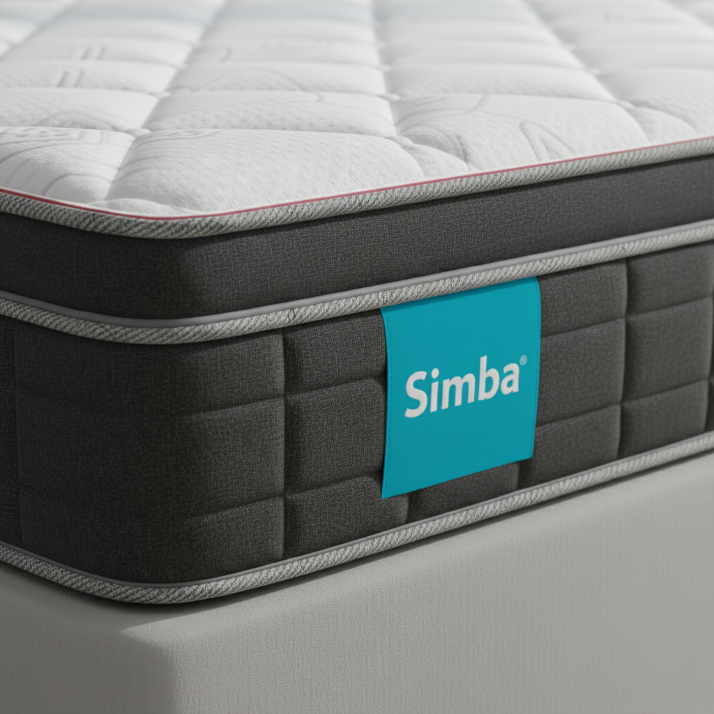 Simba mattress UK with a blue tag on a gray background