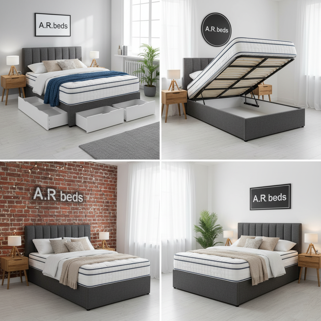 Collage of A.R. Beds mattresses UK in various settings with branded elements.