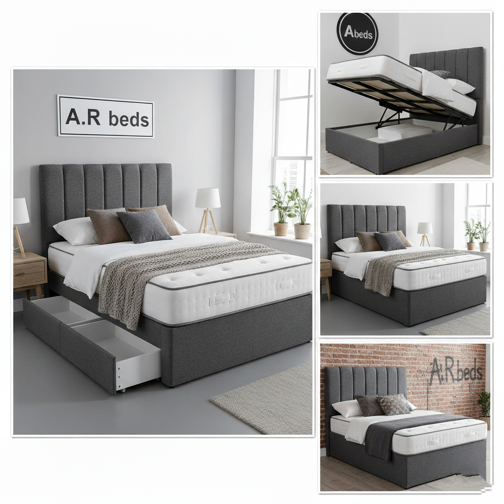 Collage of a gray upholstered bed with storage drawers, shown in different settings.uk beds