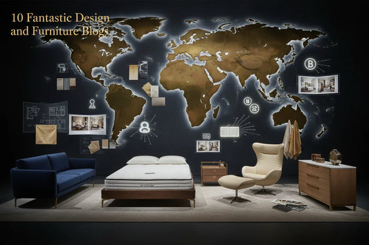 Modern bedroom furniture set with bed, navy sofa, beige armchair, wooden dresser against world map wall