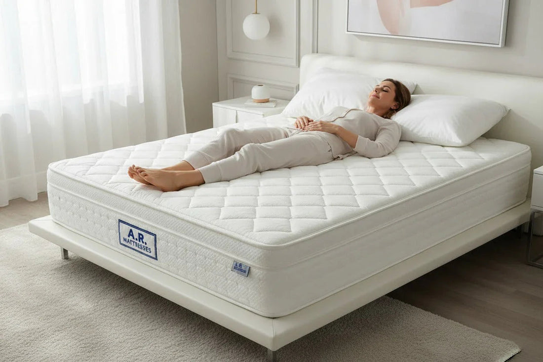 Woman lying on a white quilted A.R. Mattress in a bright modern bedroom with minimalist decor
