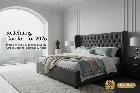 Luxury British master bedroom with charcoal grey velvet king-size winged bed and premium bedding