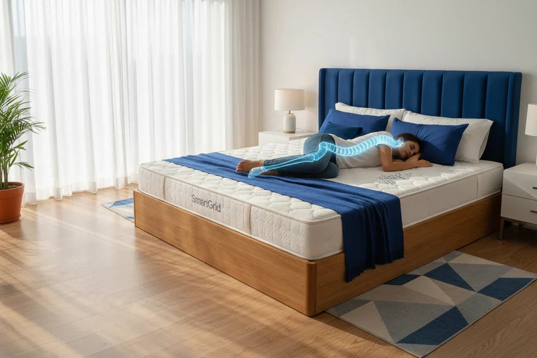 Modern bedroom with a person side sleeping on a premium SmartGrid orthopedic mattress showing spine alignment