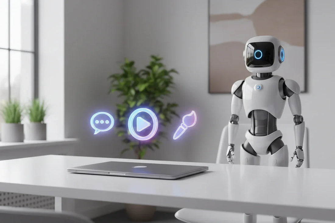 Minimalist workspace with sleek laptop on white desk and humanoid robot with glowing chat, video, and paintbrush icons