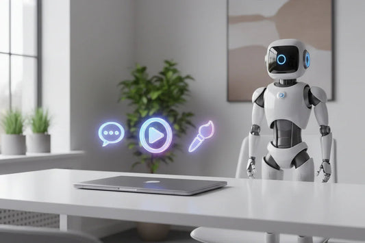 Minimalist workspace with sleek laptop on white desk and humanoid robot with glowing chat, video, and paintbrush icons