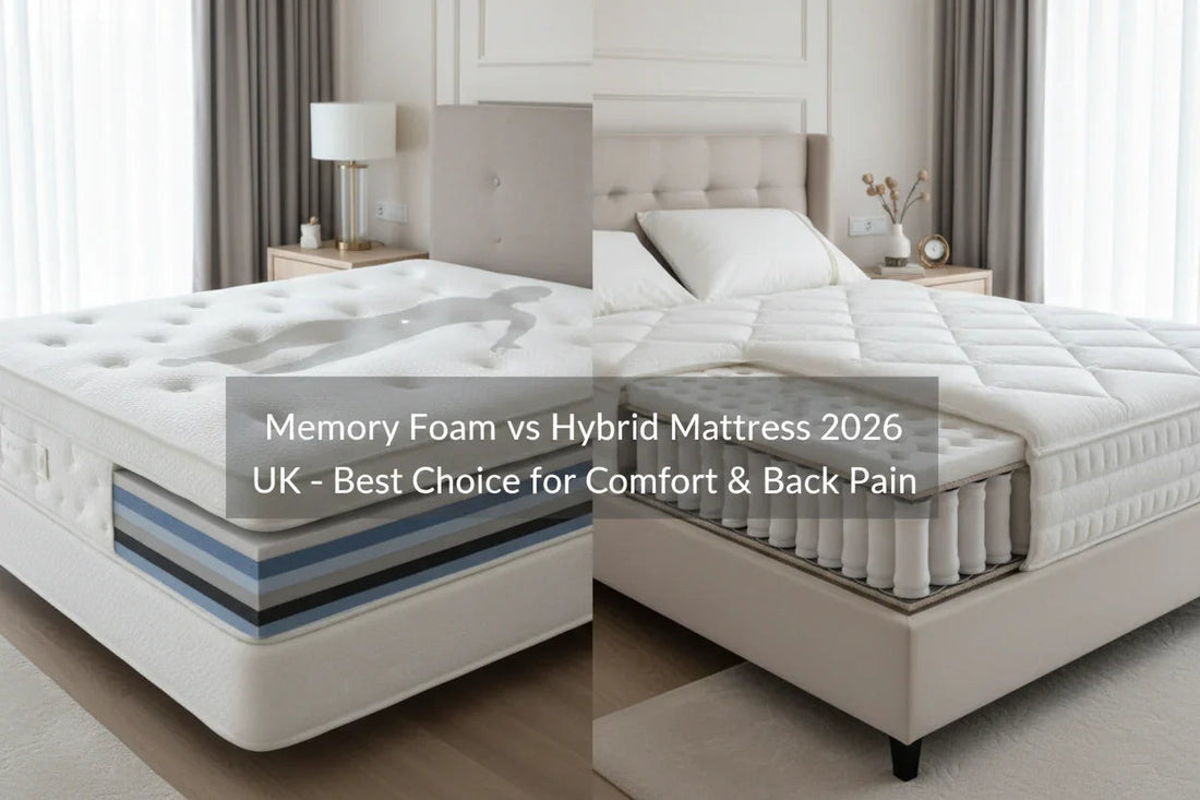 Comparison of memory foam mattress contouring a human silhouette vs hybrid mattress with visible spring coils in modern bedroom