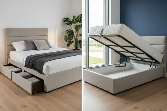 Modern beige divan bed with drawers and ottoman bed with gas-lift storage in bright bedroom