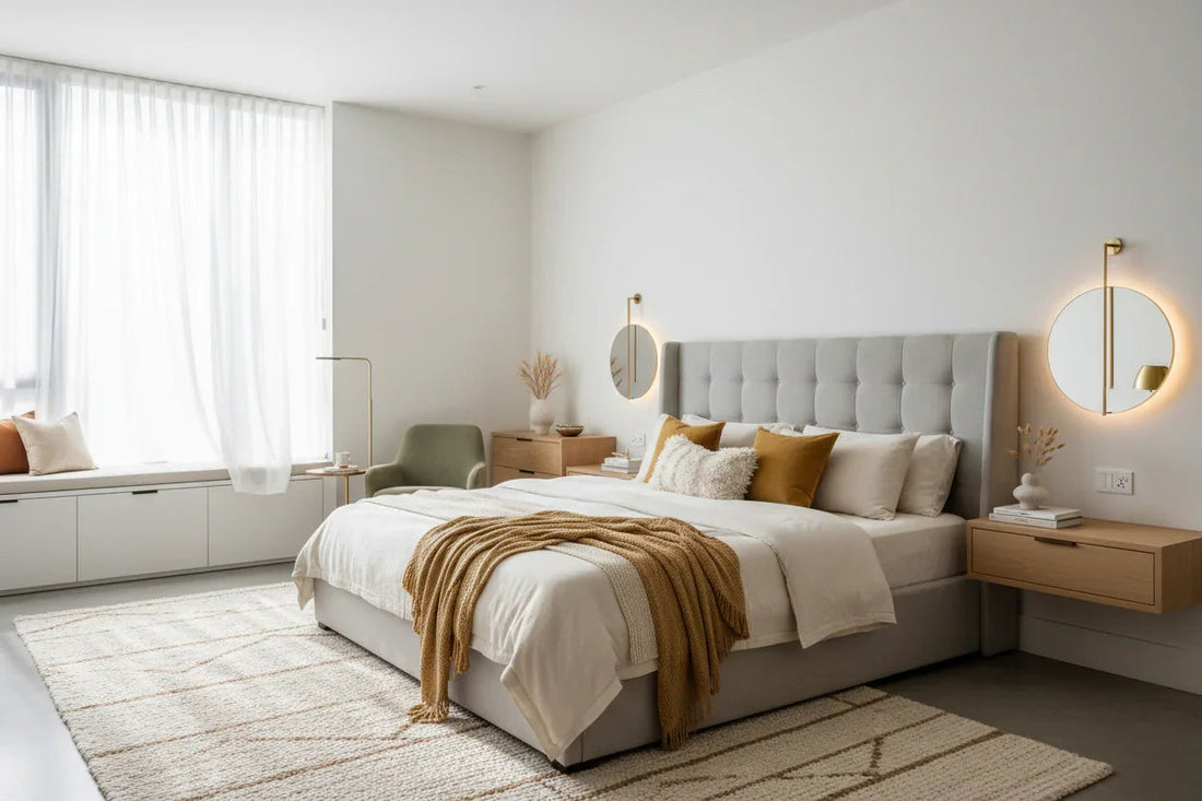 Modern UK bedroom with king-size bed, cozy bedding, mustard accents, natural light, and stylish decor