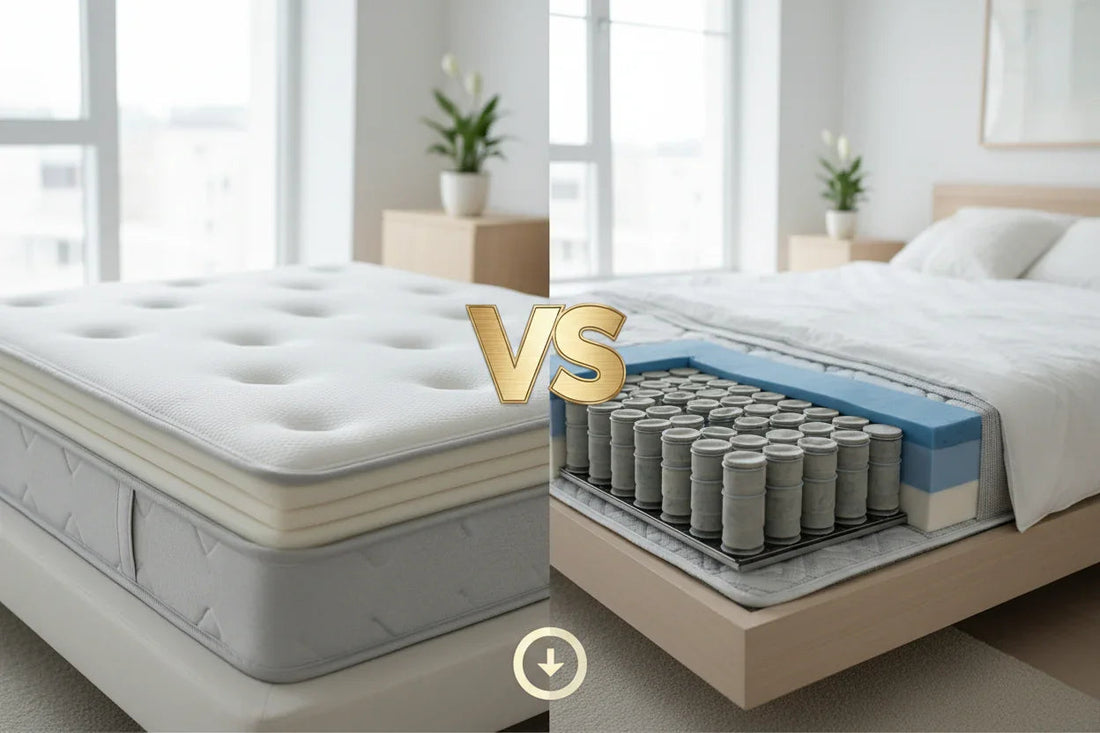 Comparison of memory foam mattress and hybrid mattress with visible coil layer in a modern bedroom
