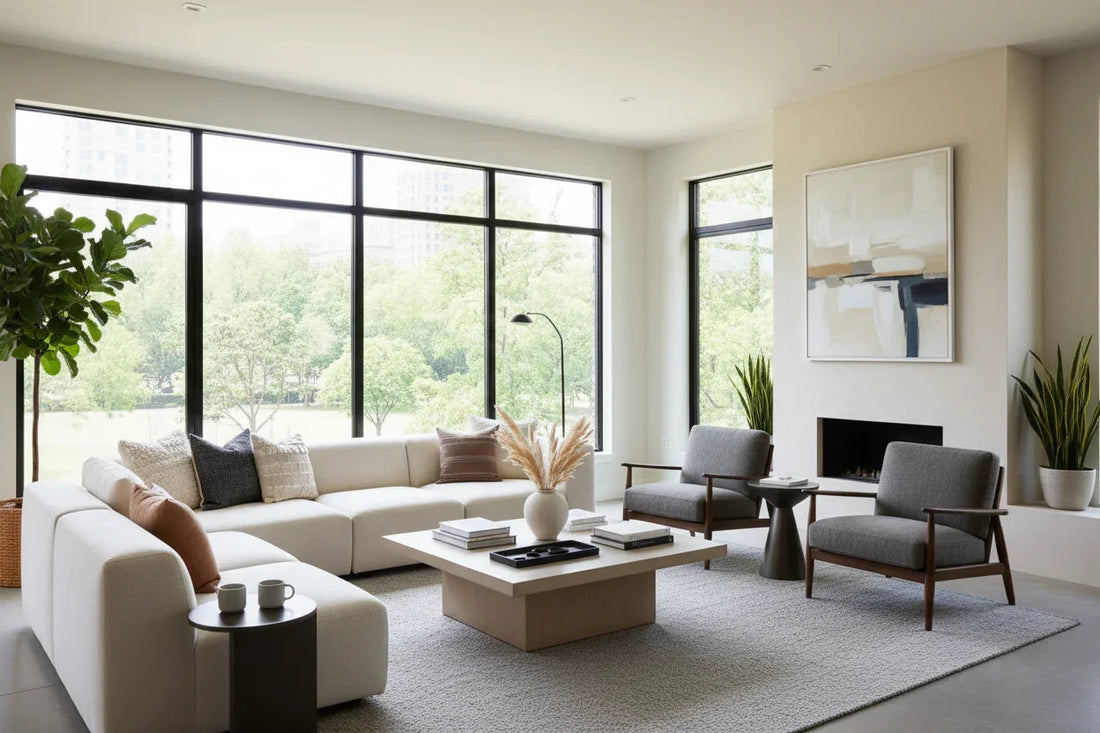 Modern American living room with white sectional sofa, gray armchairs, large windows, and neutral decor