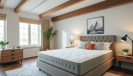 Modern bedroom with grey upholstered bed, white mattress, wooden nightstands, and large window