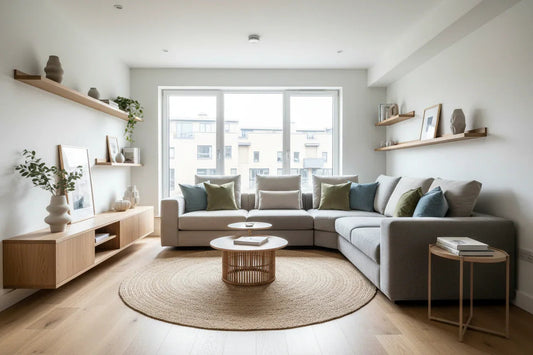 Modern living room with modular grey sofa, round wooden coffee tables, neutral decor, and large window