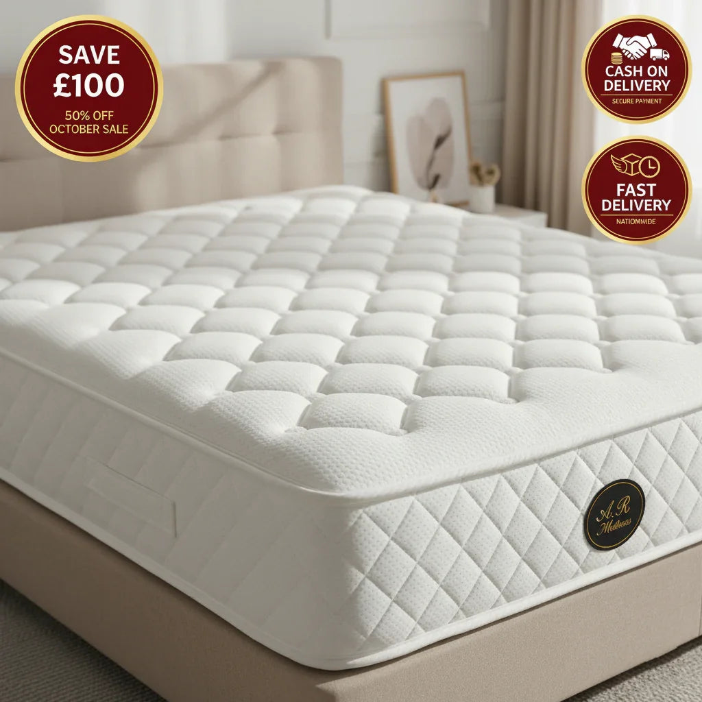 Close-up of white quilted AR Mattress on beige bed frame in modern bedroom with sale and delivery badges