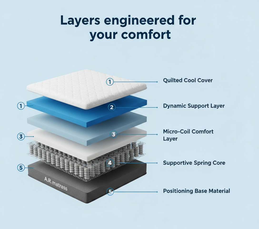Diagram of a mattress layer structure with labeled components on a blue background. Mattresses UK 