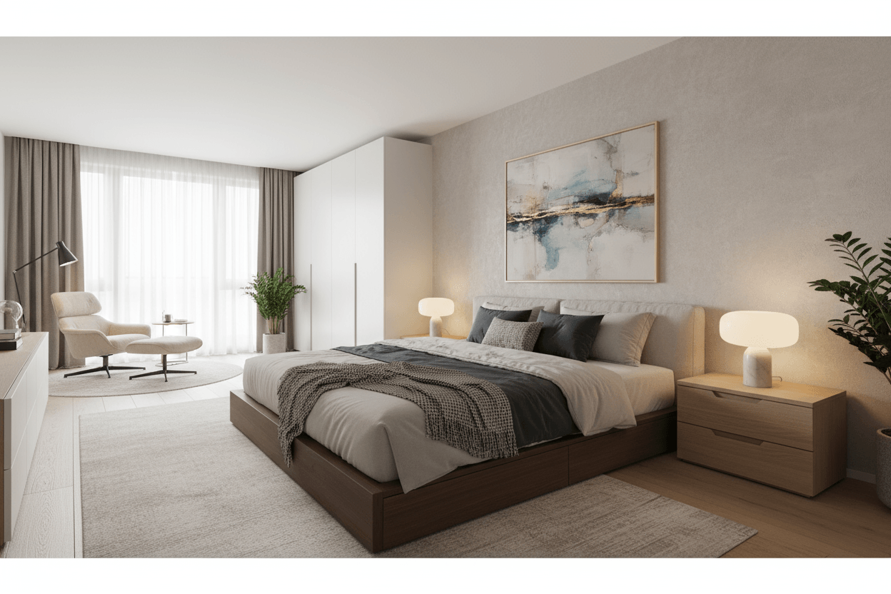 EUROPEAN KING MATTRESS Modern bedroom with a bed, nightstands, and artwork on the wall.