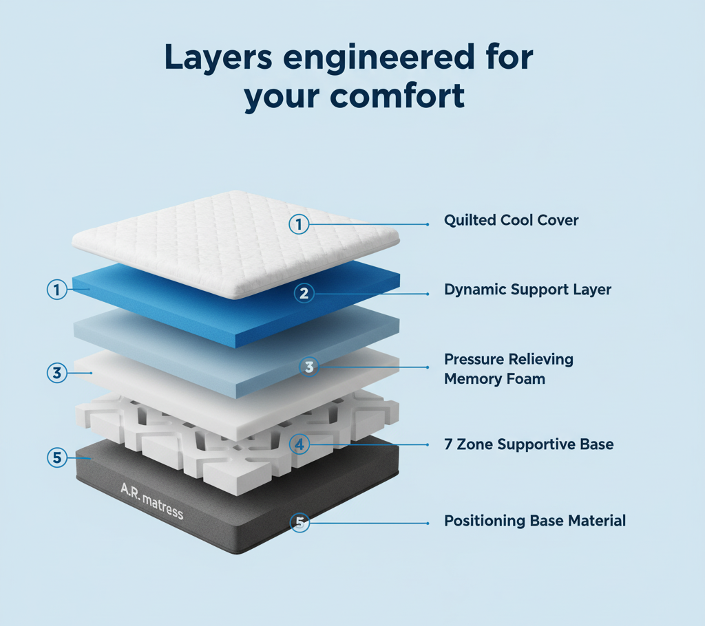 Diagram of a mattress layer structure with labeled components on a light blue background.
