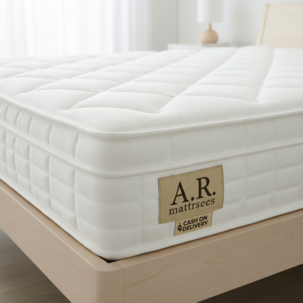White mattress with A.R. Mattresses label on a wooden bed frame. Mattresses UK 