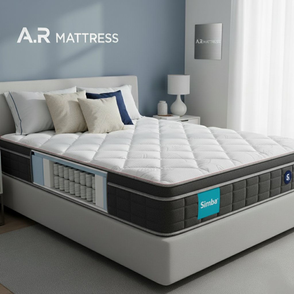Simba mattress in a bedroom setting with A.R Mattress branding. Mattresses UK 