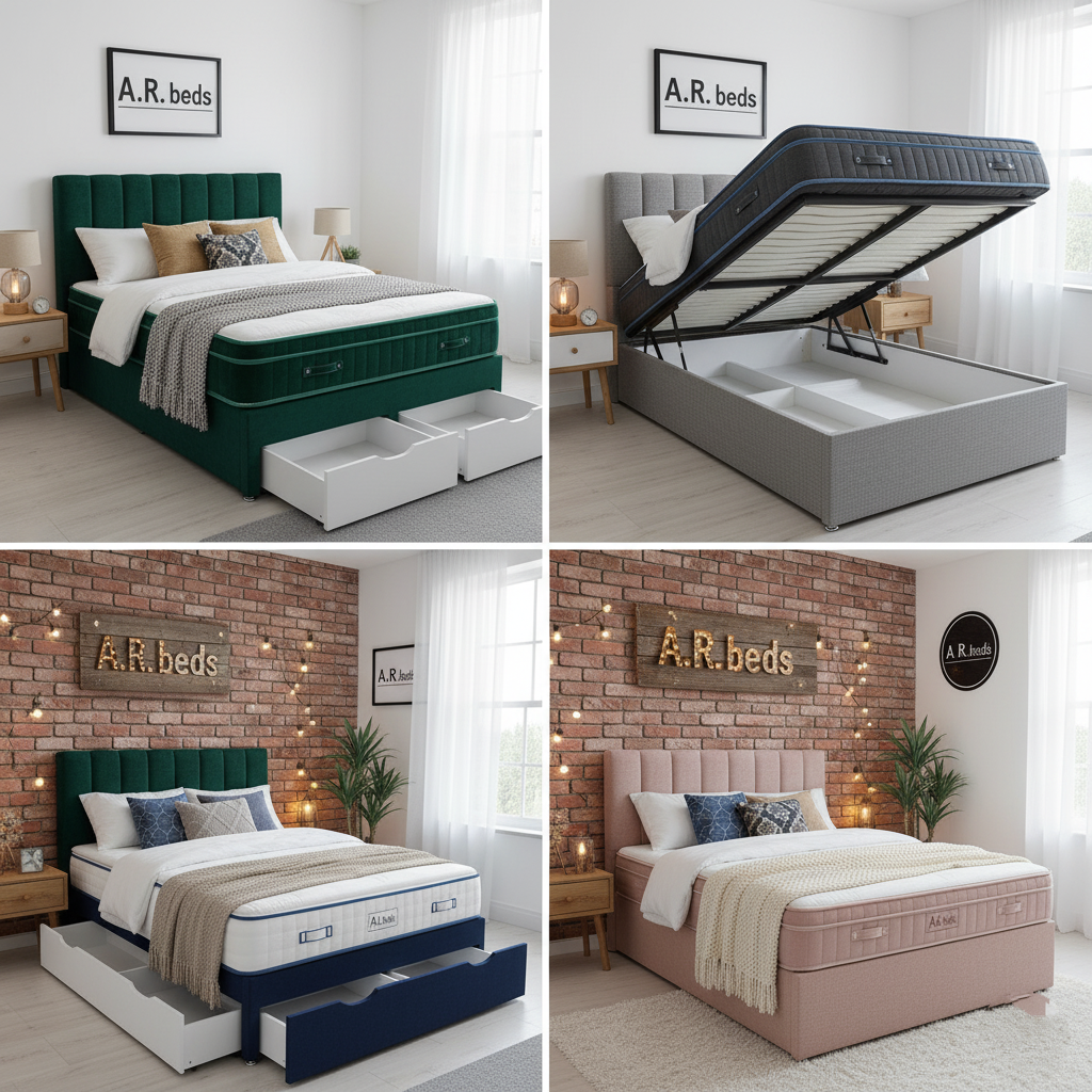Collage of A.R. Beds mattresses in various rooms with different bed frames UK.
