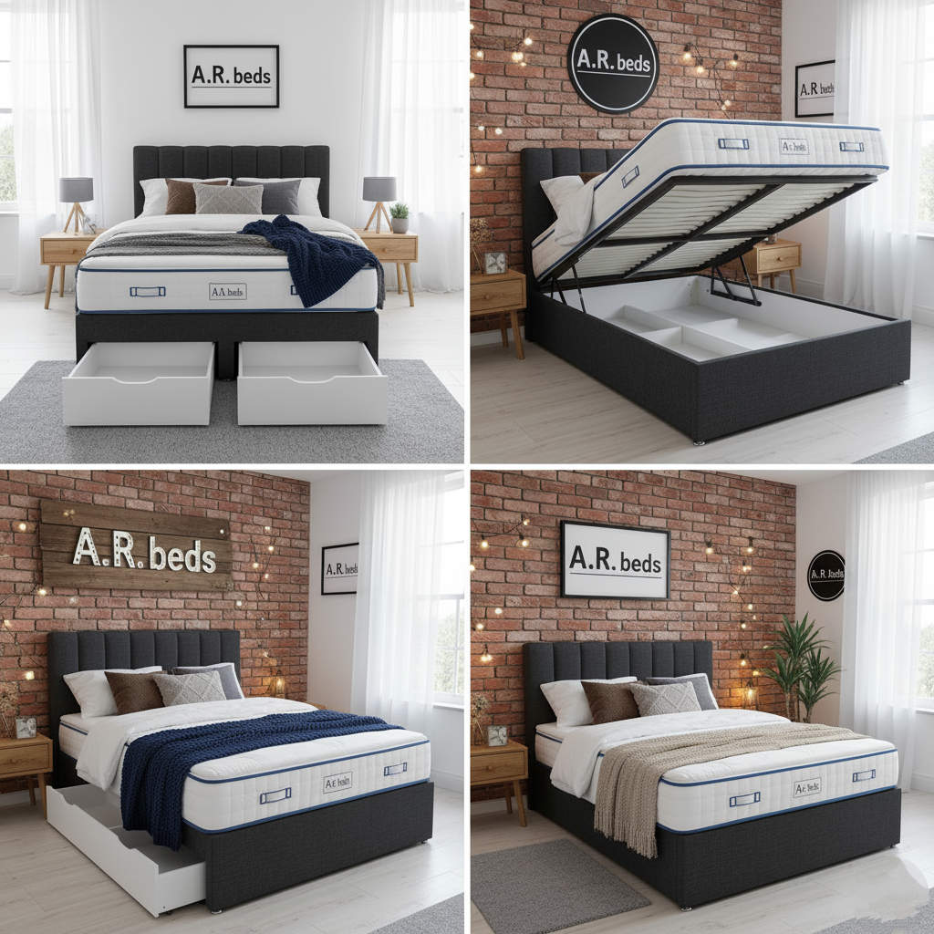 Collage of A.R. Beds mattresses UK in various settings with visible branding. UK beds