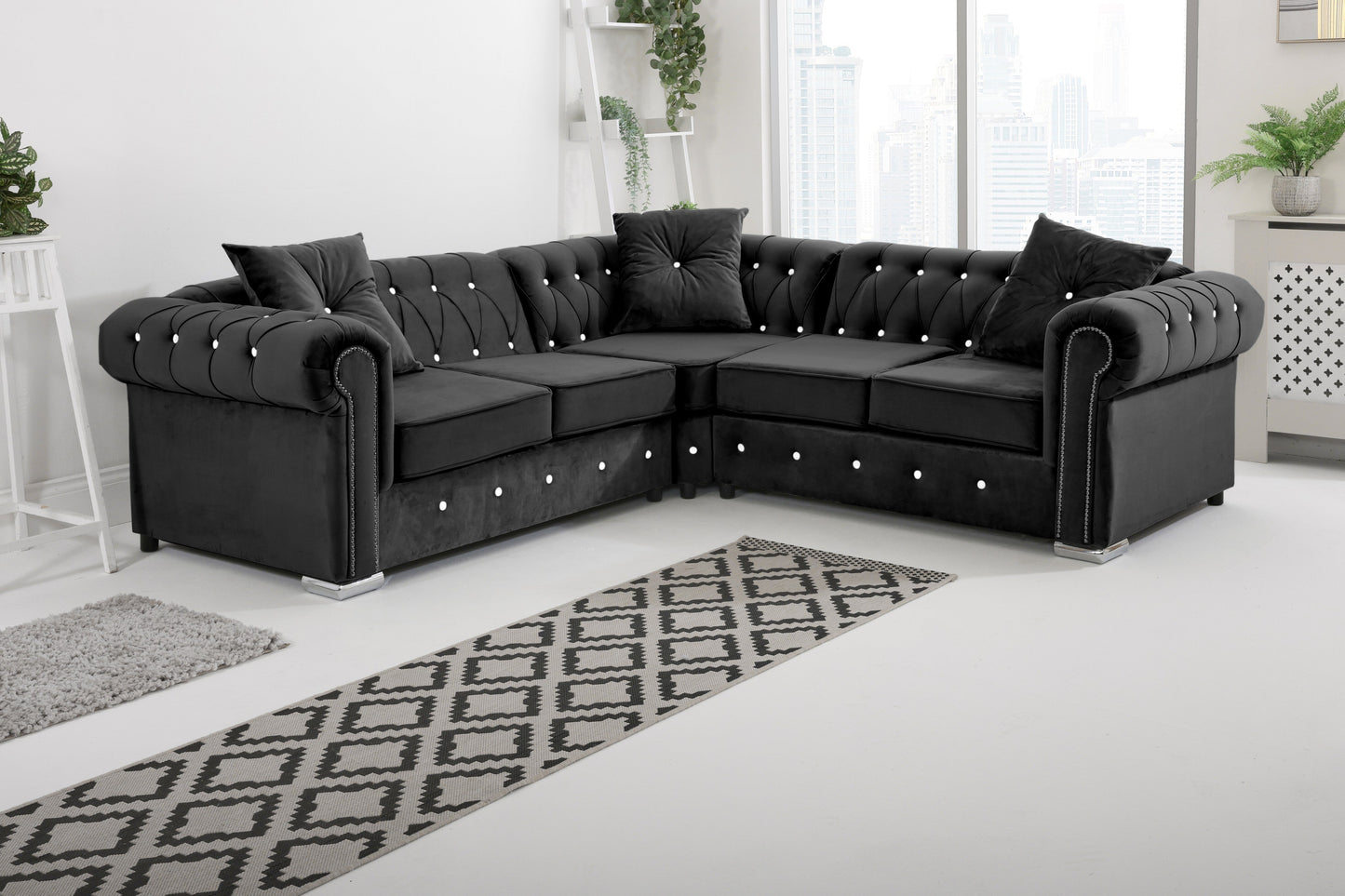 Olympia Chesterfield With Dimond - Corner - Extra Cushions Corner Black