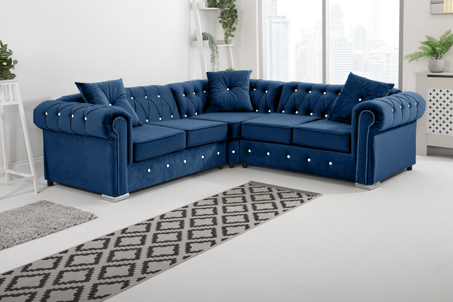 Olympia Chesterfield With Dimond - Corner - Extra Cushions Corner Blue